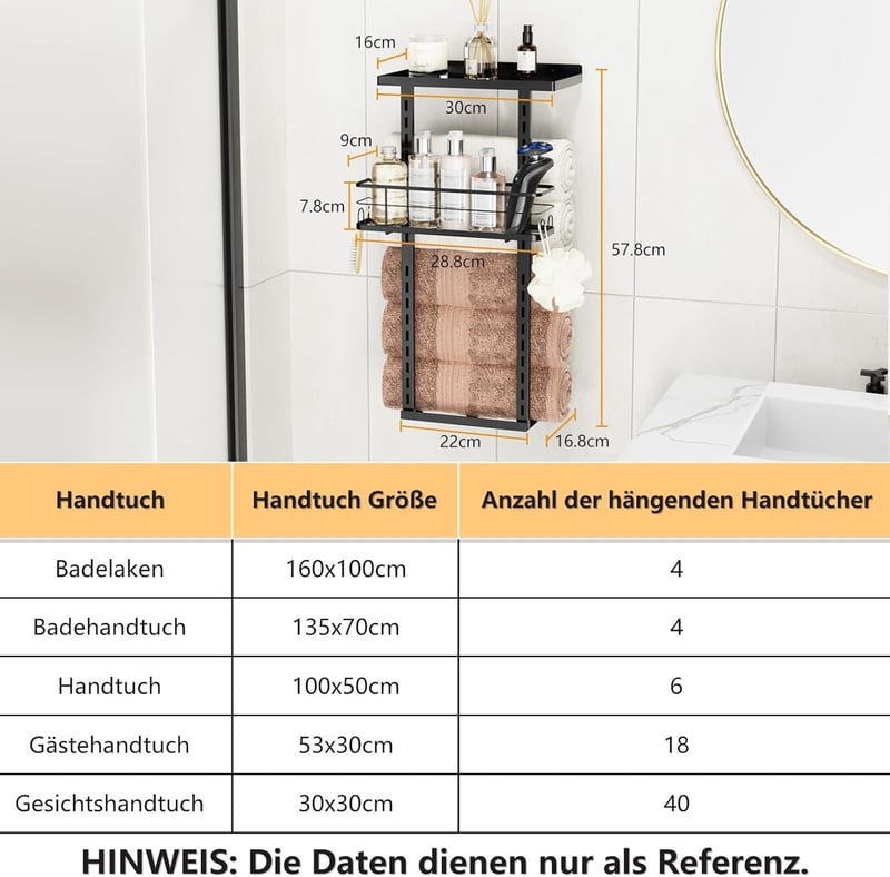 Golden Bell Fali Törölközőtartó Fekete, Fúrás Nélkül, Tárolóval