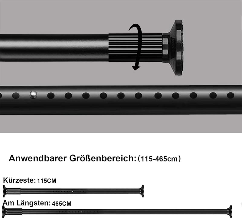 Goldion Fúrás Nélküli Függönyrúd - Teleszkópos, Kihúzható 115-465 cm Matt Fekete Szorítható Karnis Térelválasztóhoz, Függönyhöz, Erkélyhez