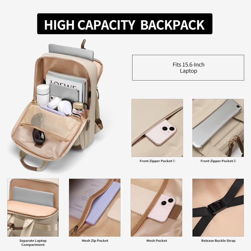 GOLF QUALITY női hátizsák 15,6" laptop rekesszel, elegáns napi táska sárgabarack