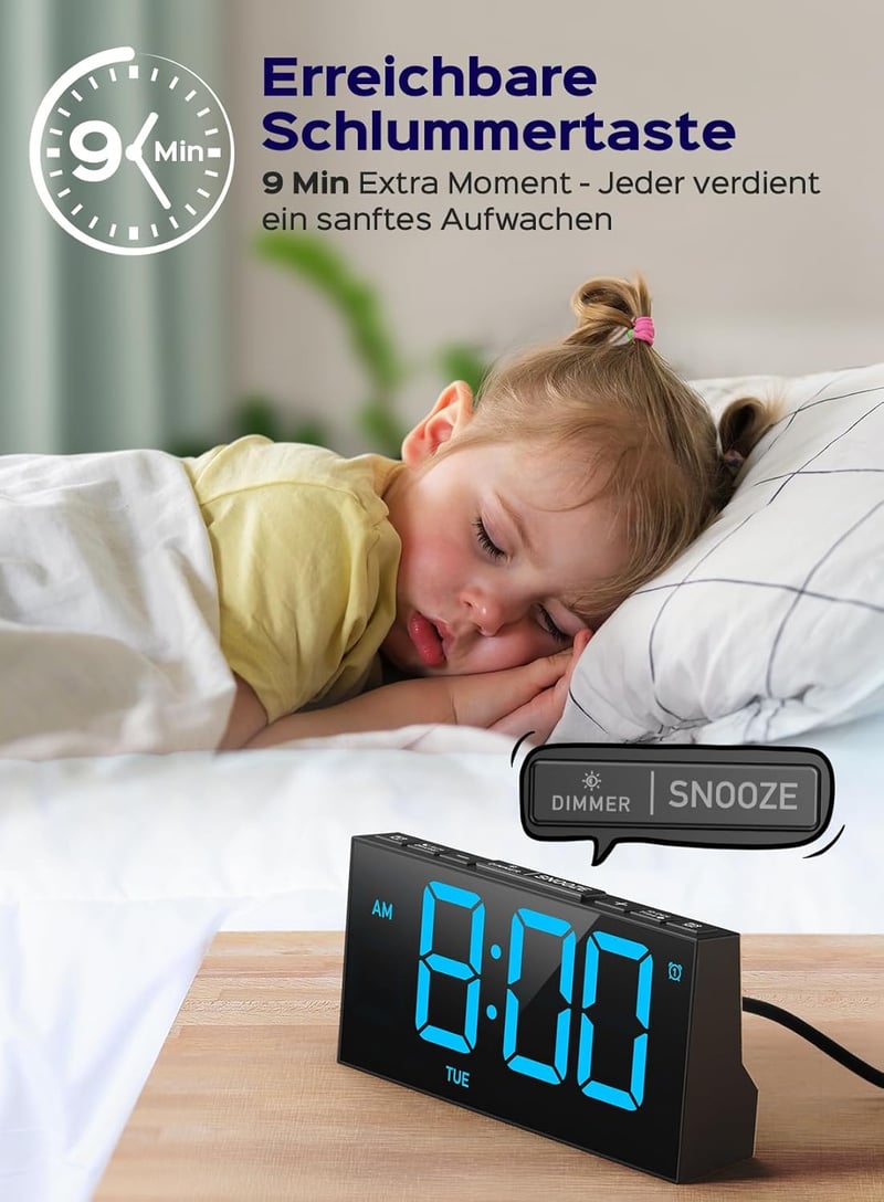 GOLOZA Digitális Ébresztőóra - Nagy Kijelzős LED Óra, USB Töltő, 4 Fényerő, Automatikus Fényerőszabályzás, Szundi Funkció, Kék