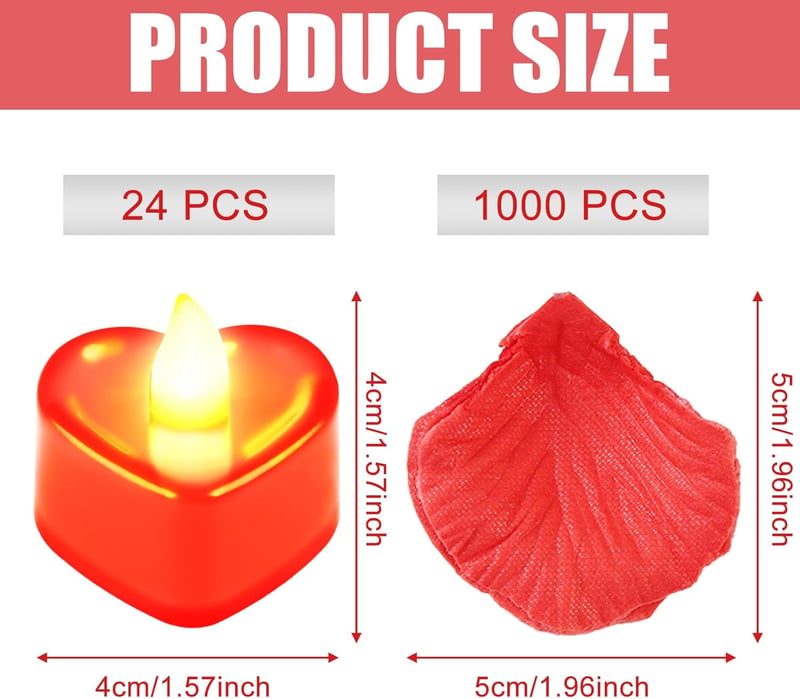 GOMETY 24 szív alakú LED gyertya, 1000 db művirág szirom esküvői dekorációhoz - Red