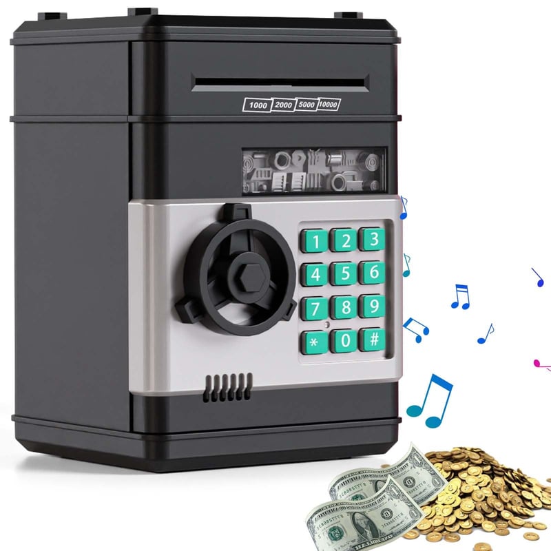 GOMETY Digitálna pokladnička pre deti s heslom a automatickým vťahovaním bankoviek, ATM prasiatko na mince a bankovky, čierna, 20x14,5x14