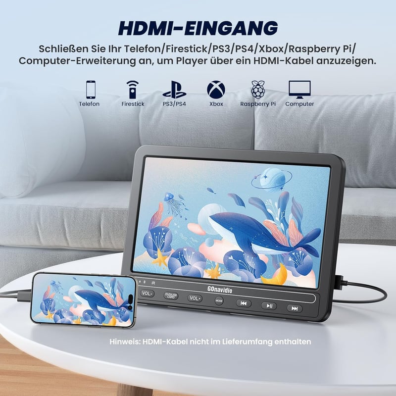 GOnavidio 10,5" Hordozható Autós DVD Lejátszó HDMI USB TF Kártya Támogatás Akkumulátor