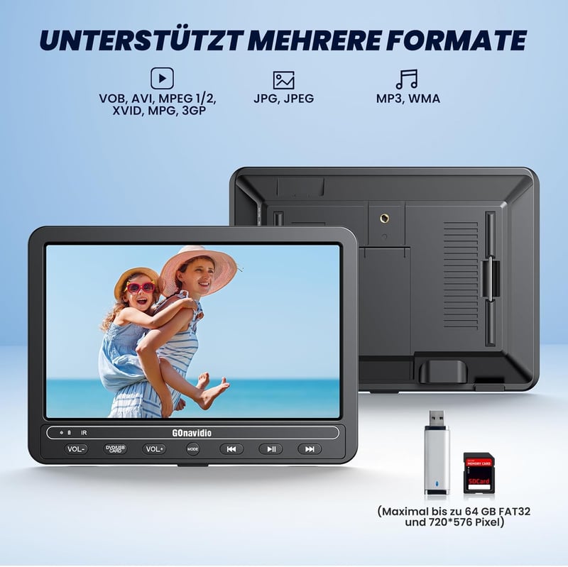 GOnavidio 10,5" Hordozható Autós DVD Lejátszó HDMI USB TF Kártya Támogatás Akkumulátor