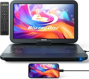 GOnavidio 15.4" Player Blu-ray DVD Portabil 1920x1080 HD, Rotire 270°, Autonomie Baterie 5 Ore