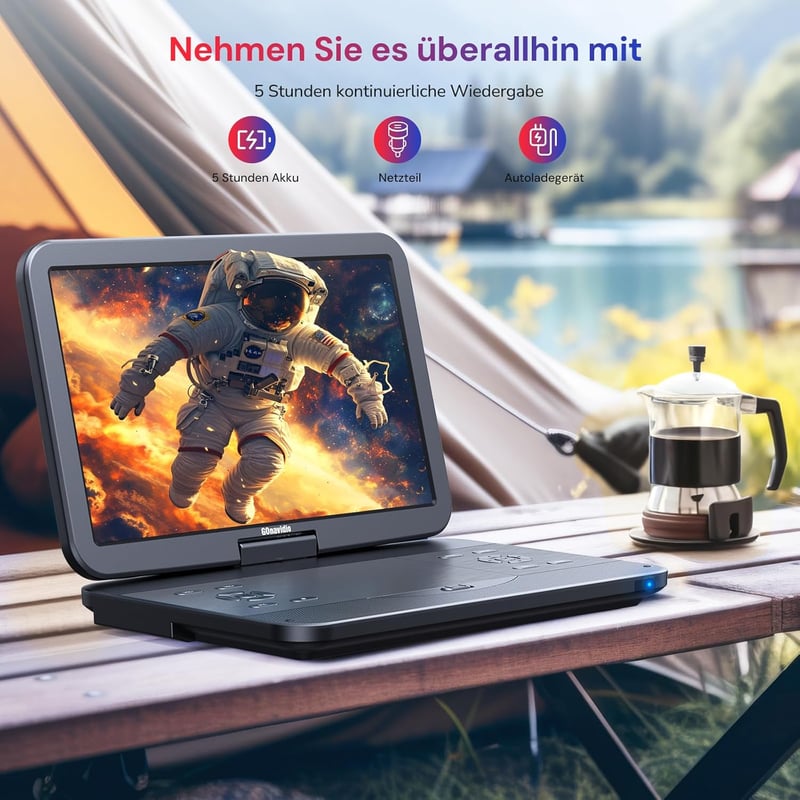 GOnavidio 15.4" Hordozható Blu-ray DVD Lejátszó 1920x1080 HD, 270° Forgatható, 5 Órás Akkumulátor