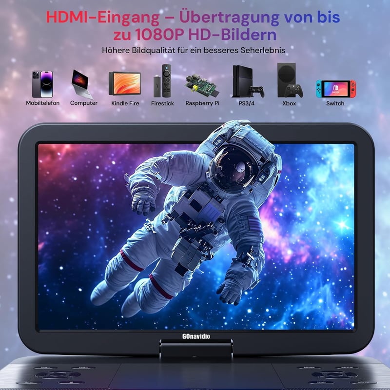 GOnavidio 15.4" Hordozható Blu-ray DVD Lejátszó 1920x1080 HD, 270° Forgatható, 5 Órás Akkumulátor