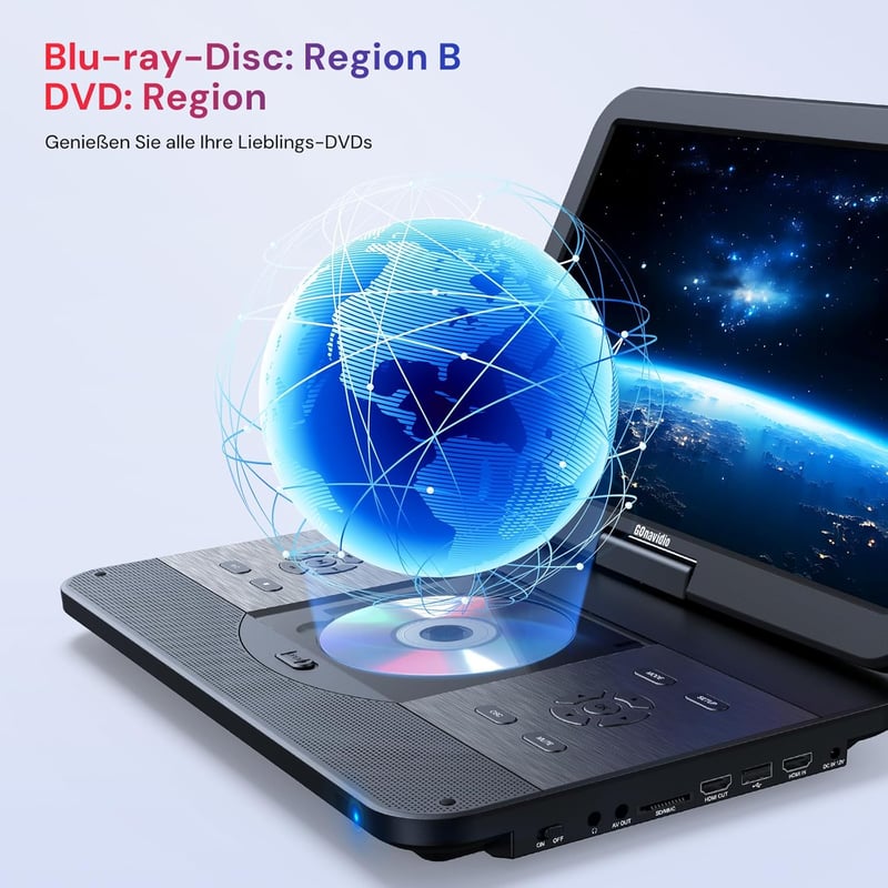 GOnavidio 15.4" Hordozható Blu-ray DVD Lejátszó 1920x1080 HD, 270° Forgatható, 5 Órás Akkumulátor