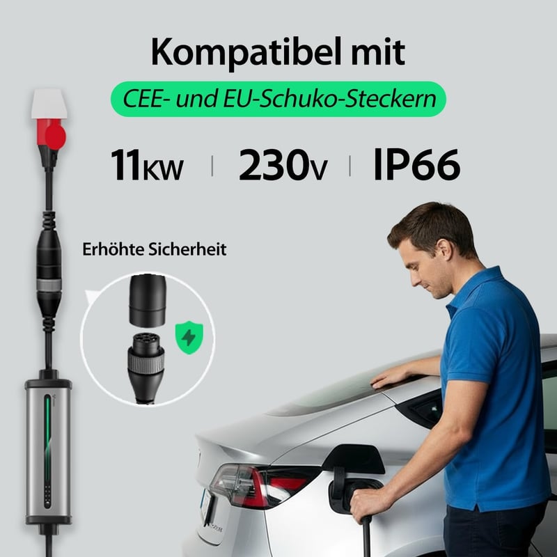 GONEO 11 kW 3 fázisú mobil töltő 8-16 A 7 m Type 2 CEE Schuko csatlakozóval IP66 Model Y 3 ID3 4
