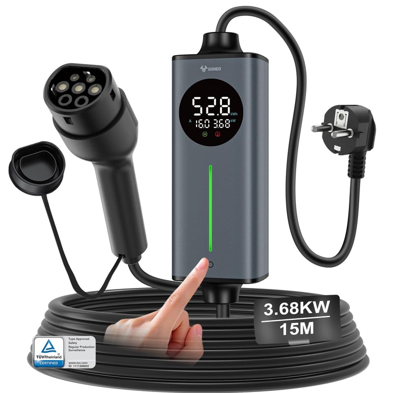 GONEO Nabíjací kábel pre elektromobily Type 2 Schuko, 3,68 kW, 16 A, 1-fázový, TÜV, tepelná ochrana, časovač - 15 m