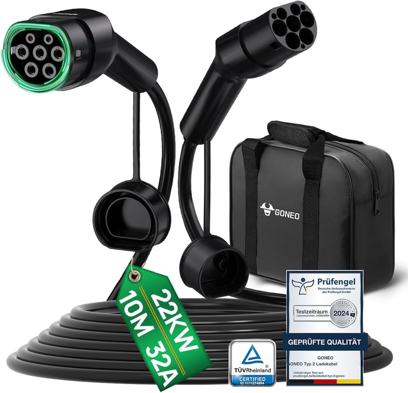 GONEO Type 2 Töltőkábel 22 kW 10m 32A elektromos autóhoz Mode 3 hordtáskával - 10 metres, 22kW 32A black