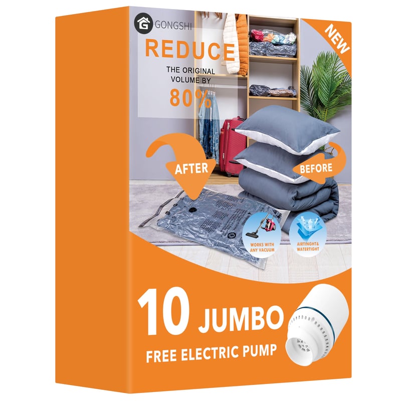 GONGSHI Vakuumske vreće za odjeću i posteljinu s električnom pumpom, 10 komada Jumbo veličine, hermetički zatvorene vreće za višekratnu upotrebu za putovanja i dom
