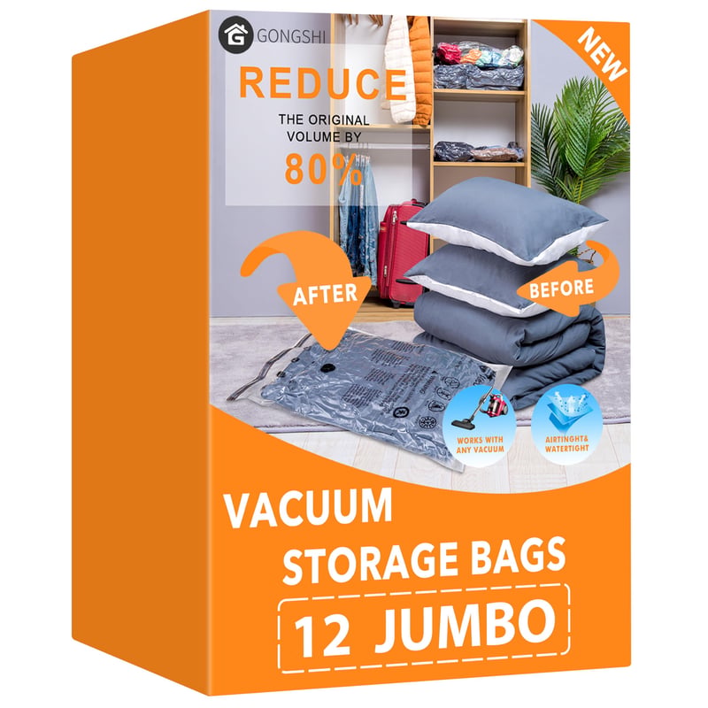 Vákuové vrecia GONGSHI na oblečenie, paplóny, vankúše a matrace, 12 ks, veľkosť Jumbo, vzduchotesné a opakovane použiteľné, na cestovanie a skladovanie