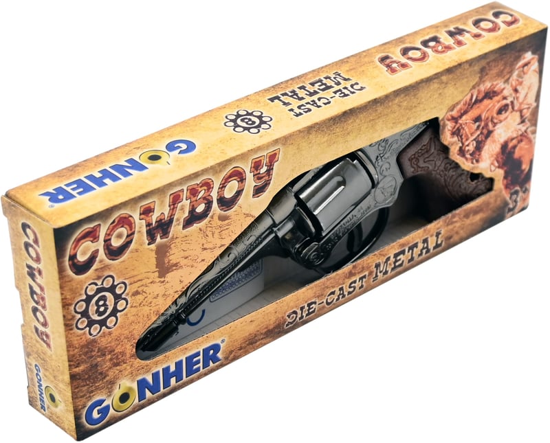 Detský kovový revolver Gonher Cowboy 80/0 – 8-ranový, liaty kov, 20 cm, strieborný, od 3 rokov