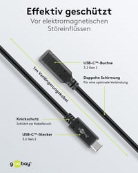 Predlžovací kábel goobay 61038 USB-C 1 m, USB 3.2 Gen 2, rýchlonabíjanie 60 W, 20 V 3 A, prenos dát 10 Gbit/s 3