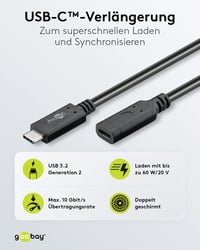 Predlžovací kábel goobay 61038 USB-C 1 m, USB 3.2 Gen 2, rýchlonabíjanie 60 W, 20 V 3 A, prenos dát 10 Gbit/s 2