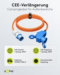 goobay CEE karavanový adaptérový kábel 5 m, CEE zástrčka a 90° CEE zásuvka, IP44 — Jeden z úchytov krycích dvierok je zlomený (stav: viď 2. obrázok) 5