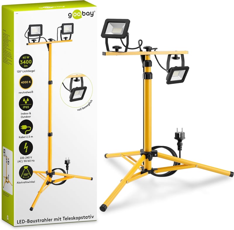 Proiector LED de șantier Goobay cu trepied telescopic, 2x20W, 3400lm - negru/galben