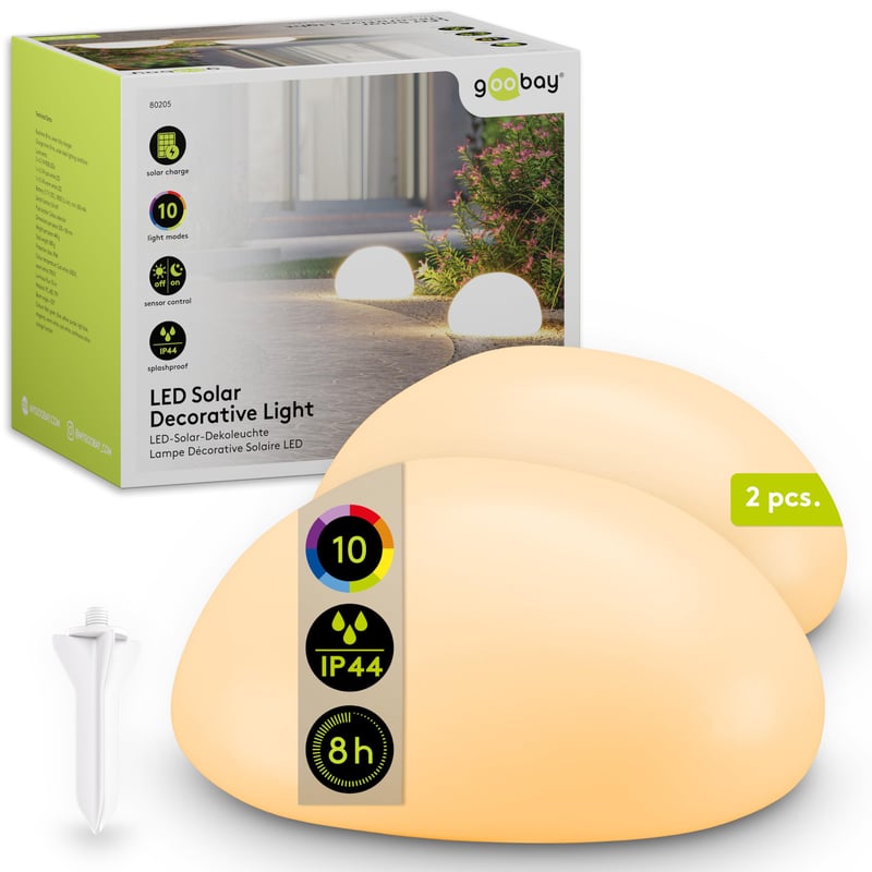 goobay LED solarna svjetiljka u obliku kamena, 2 komada, 24 cm, RGB kugla u boji za vanjsku upotrebu IP44, 10 načina osvjetljenja, šiljak za zemlju, dekoracija za terasu, balkon i vrt