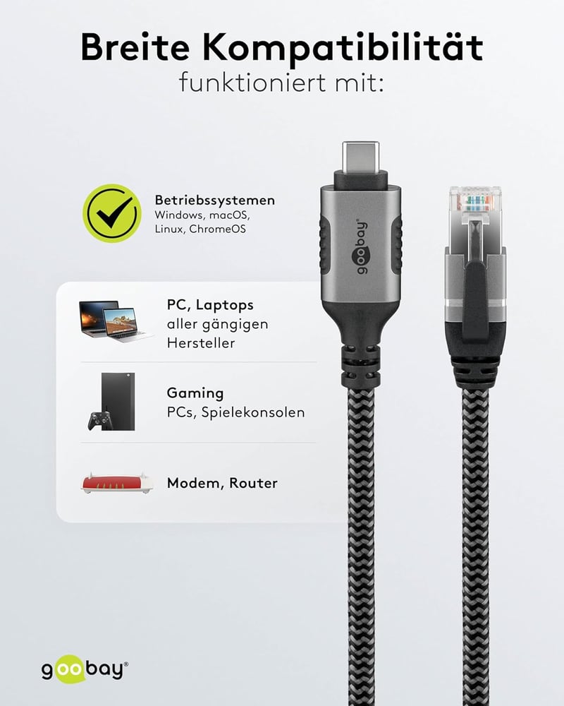 Goobay USB-C RJ45 Ethernet CAT 6 kábel 3m, 1 Gbps hálózati kapcsolat - 3 metres, black, USB-C to RJ45