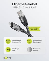 Goobay USB-C RJ45 Ethernet CAT 6 kábel 3m, 1 Gbps hálózati kapcsolat - 3 metres, black, USB-C to RJ45 2
