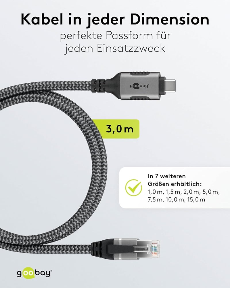 Goobay USB-C RJ45 Ethernet CAT 6 kábel 3m, 1 Gbps hálózati kapcsolat - 3 metres, black, USB-C to RJ45