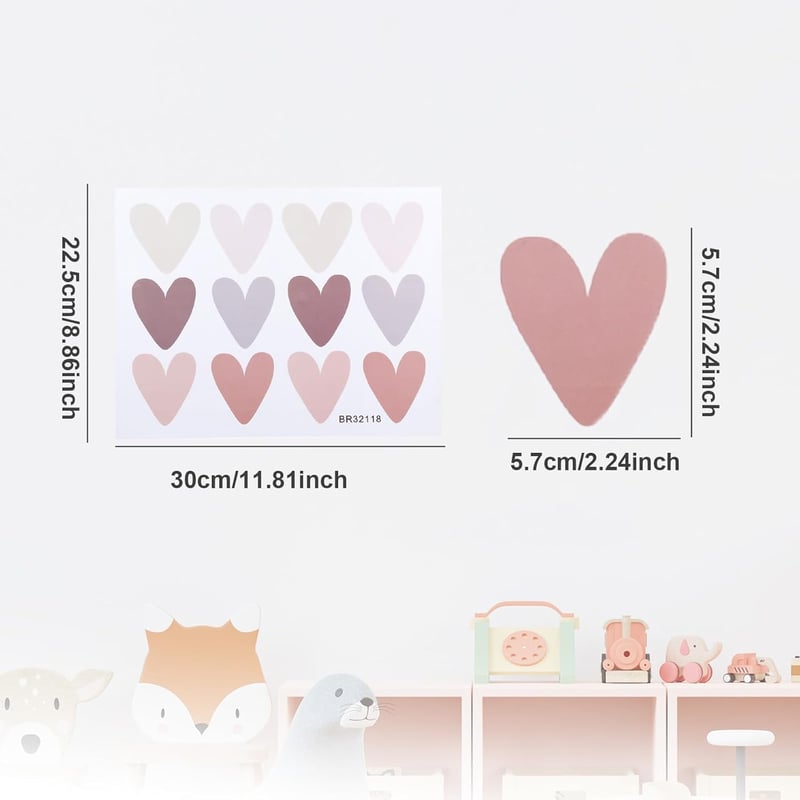 GooDengFull 72 db Boho Szív Falmatrica Gyerekszobához Khaki Zöld Barna Szürke PVC