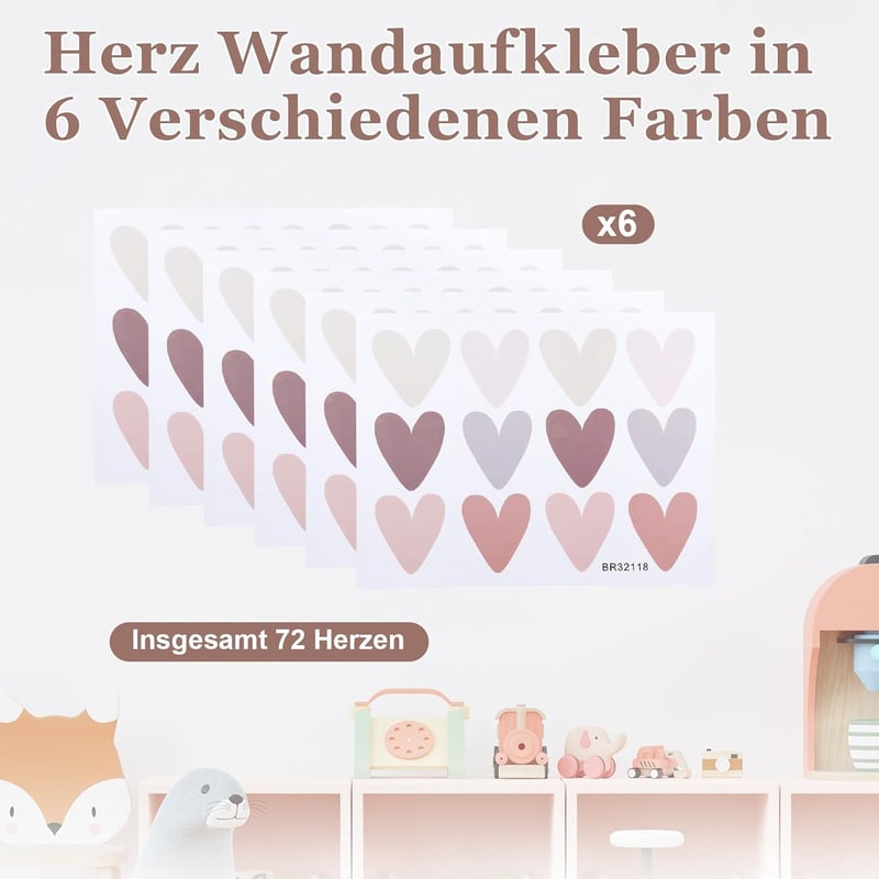 GooDengFull 72 db Boho Szív Falmatrica Gyerekszobához Khaki Zöld Barna Szürke PVC