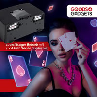 GOODS+GADGETS Elektrická miešačka kariet na 4 balíčky – Automatická miešačka na karty pre rummy, skat a poker – do 90 mm – 4 x AA batérie 7