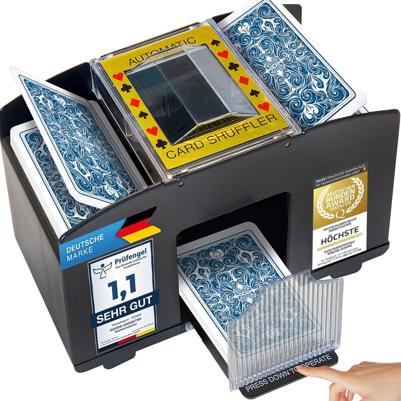 GOODS+GADGETS Elektrická miešačka kariet na 4 balíčky – Automatická miešačka na karty pre rummy, skat a poker – do 90 mm – 4 x AA batérie