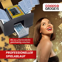 GOODS+GADGETS Elektrická miešačka kariet na 4 balíčky – Automatická miešačka na karty pre rummy, skat a poker – do 90 mm – 4 x AA batérie 6
