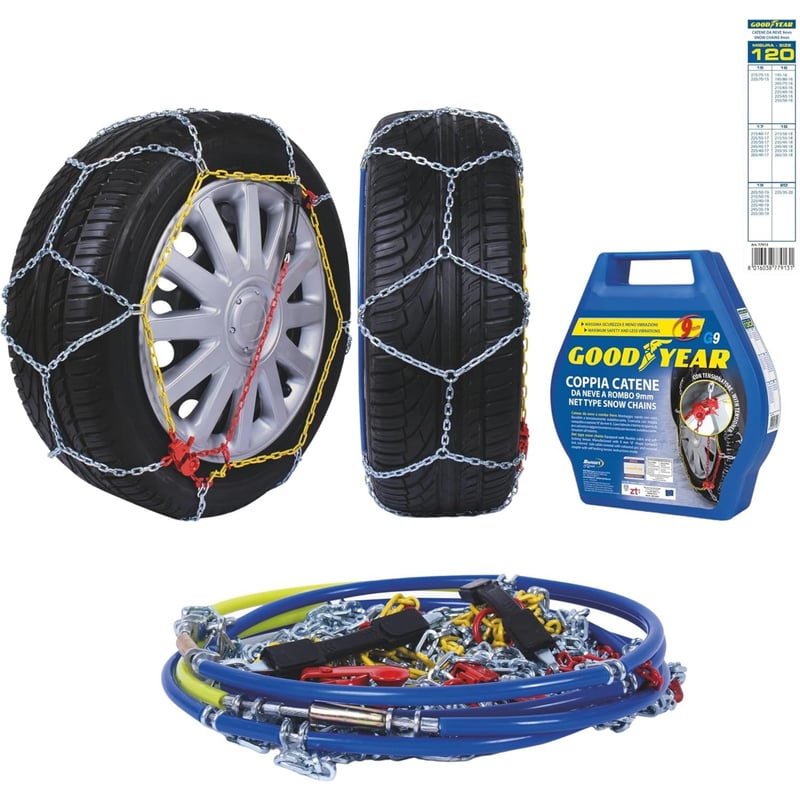 Snehové reťaze Goodyear 77913 G9, 9 mm pre osobné autá, veľkosť 120, s certifikáciou TÜV Süd a ÖNORM V5117