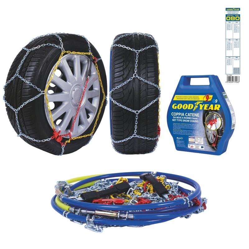 Snehové reťaze Goodyear G9 9 mm, veľkosť 080, certifikované snehové reťaze s atestom TÜV a ÖNORM pre osobné vozidlá