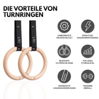 GORNATION Drevené gymnastické kruhy, Gym Rings, kruhy na kalisteniku, olympijské gymnastické kruhy + upevňovacie popruhy so značkami a taškou, na vnútorné po 2
