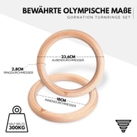 GORNATION Drevené gymnastické kruhy, Gym Rings, kruhy na kalisteniku, olympijské gymnastické kruhy + upevňovacie popruhy so značkami a taškou, na vnútorné po 4