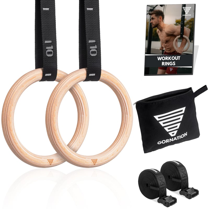 GORNATION Drevené gymnastické kruhy, Gym Rings, kruhy na kalisteniku, olympijské gymnastické kruhy + upevňovacie popruhy so značkami a taškou, na vnútorné po