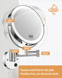Gospire 9 Inch LED Fali Sminkespegel 1X/10X Nagyítás, 3 Színű Világítás, Forgatható Kozmetikai Tükör - Chrome 6