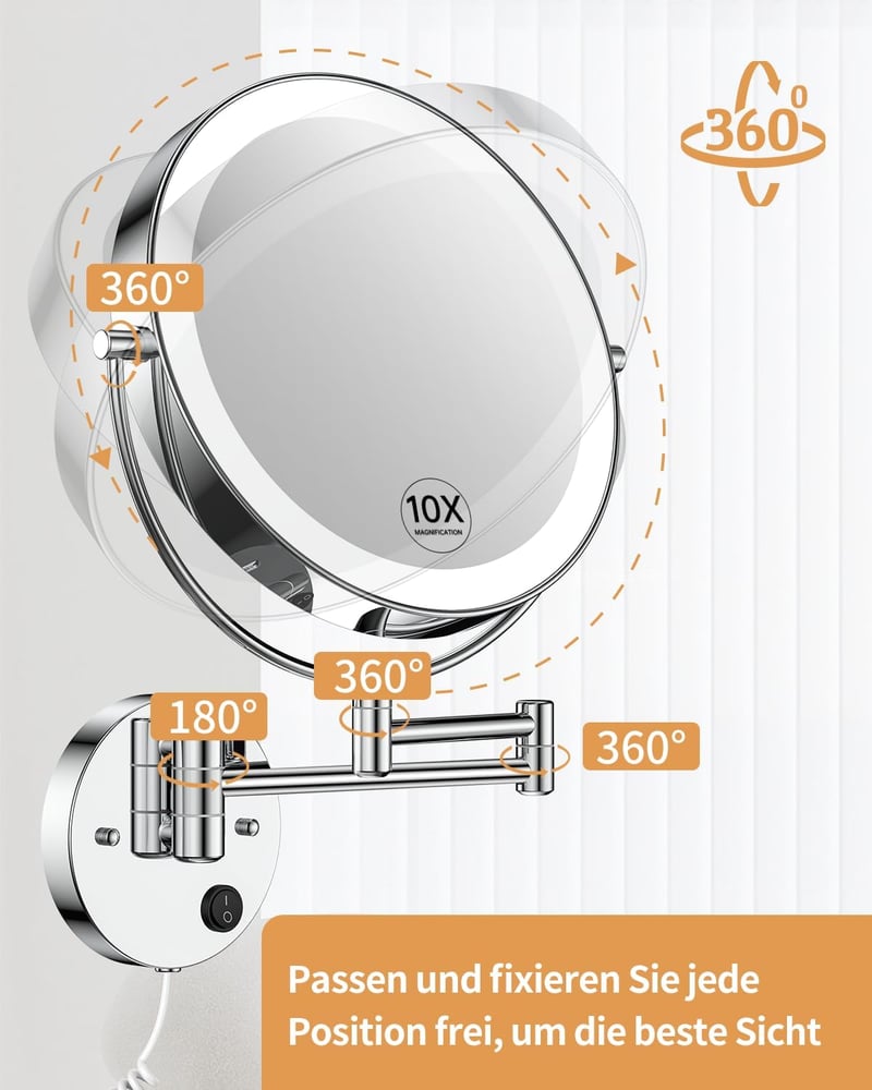 Gospire 9 Inch LED Fali Sminkespegel 1X/10X Nagyítás, 3 Színű Világítás, Forgatható Kozmetikai Tükör - Chrome