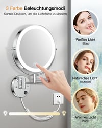 Gospire 9 Inch LED Fali Sminkespegel 1X/10X Nagyítás, 3 Színű Világítás, Forgatható Kozmetikai Tükör - Chrome 4