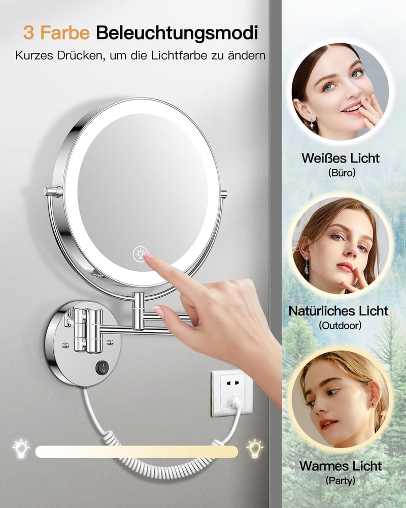 Gospire 9 Inch LED Fali Sminkespegel 1X/10X Nagyítás, 3 Színű Világítás, Forgatható Kozmetikai Tükör - Chrome