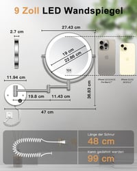 Gospire 9 Inch LED Fali Sminkespegel 1X/10X Nagyítás, 3 Színű Világítás, Forgatható Kozmetikai Tükör - Chrome 2
