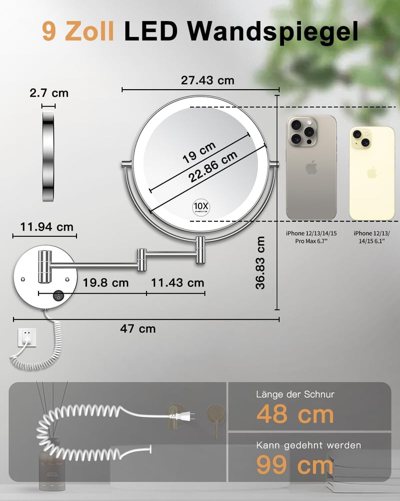 Gospire 9 Inch LED Fali Sminkespegel 1X/10X Nagyítás, 3 Színű Világítás, Forgatható Kozmetikai Tükör - Chrome