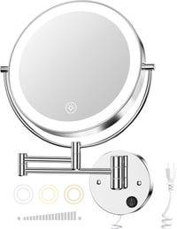 Gospire 9 Inch LED Fali Sminkespegel 1X/10X Nagyítás, 3 Színű Világítás, Forgatható Kozmetikai Tükör - Chrome 1