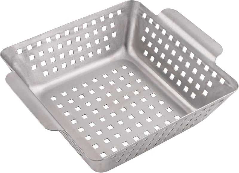 GOURMEO Rozsdamentes acél grill kosár zöldség és burgonya sütéshez, grillező wok pan és rács kiegészítő