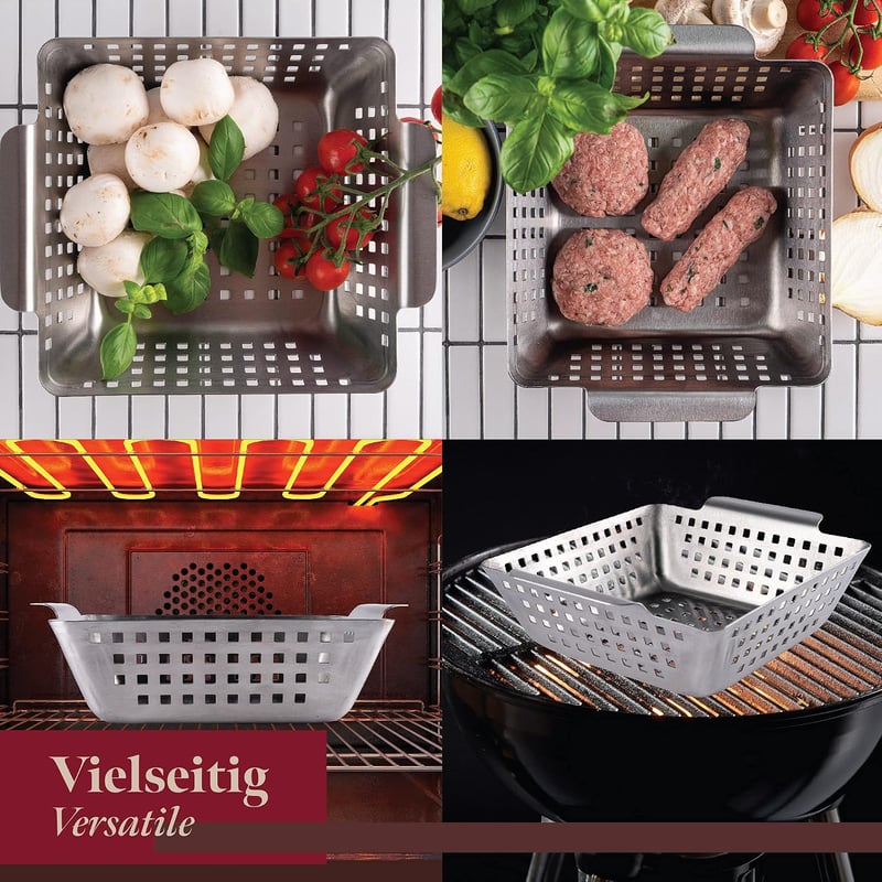 GOURMEO Rozsdamentes acél grill kosár zöldség és burgonya sütéshez, grillező wok pan és rács kiegészítő