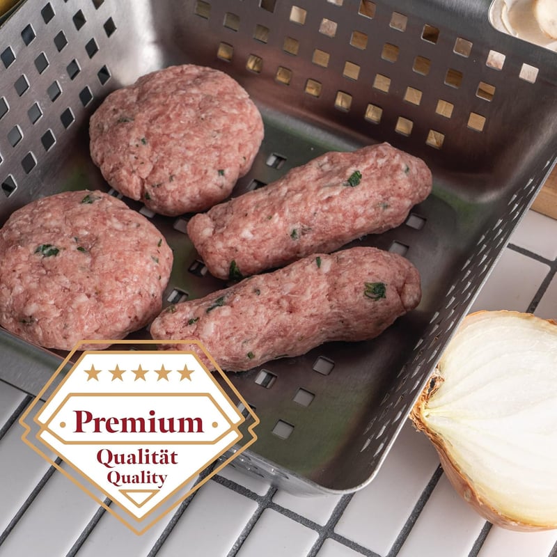 GOURMEO Rozsdamentes acél grill kosár zöldség és burgonya sütéshez, grillező wok pan és rács kiegészítő