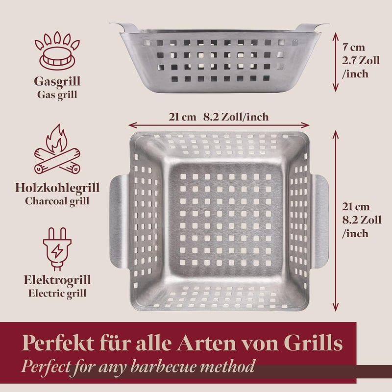 GOURMEO Rozsdamentes acél grill kosár zöldség és burgonya sütéshez, grillező wok pan és rács kiegészítő