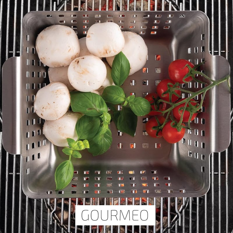 GOURMEO Rozsdamentes acél grill kosár zöldség és burgonya sütéshez, grillező wok pan és rács kiegészítő