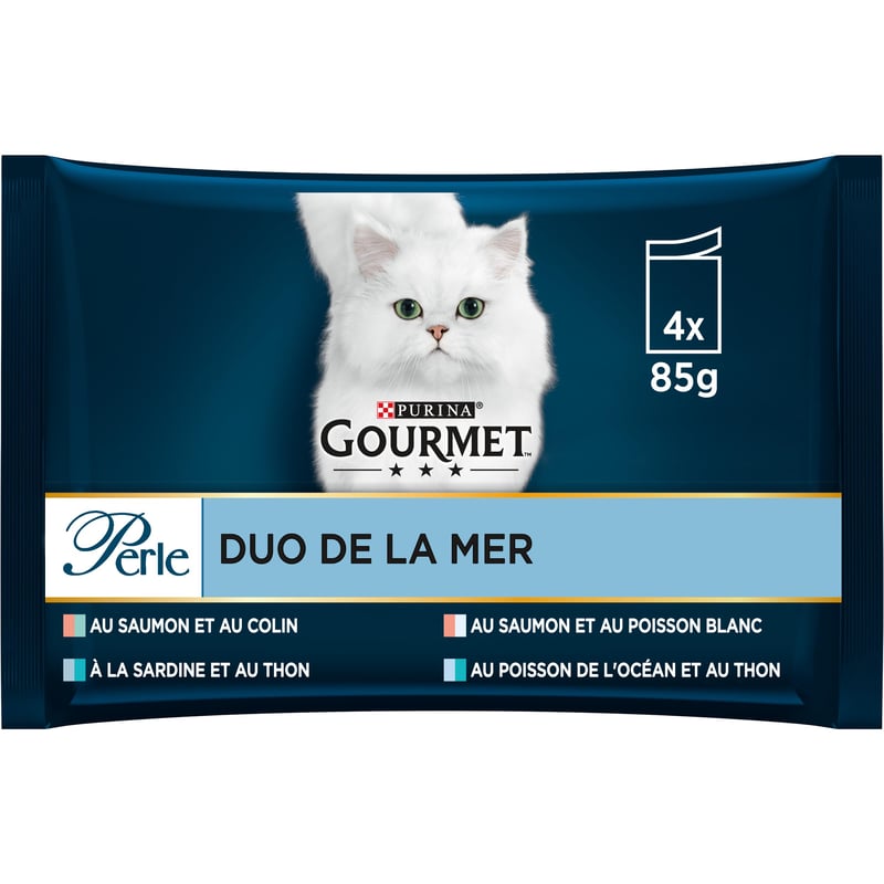 Gourmet Perle Duo des Meeres mokra hrana za mačke s okusima lososa, kolje, srdele i tune – 12 x (4 x 85 g) svježih vrećica za odrasle mačke
