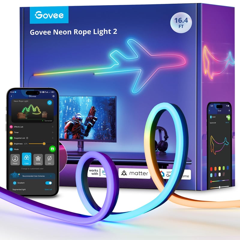 Govee Neon Rope Light 2 RGBIC LED neónový pás 5 m, mapovanie tvarov, DIY dizajn, kompatibilný so SmartThings, Matter, Alexa a Google Assistant, g